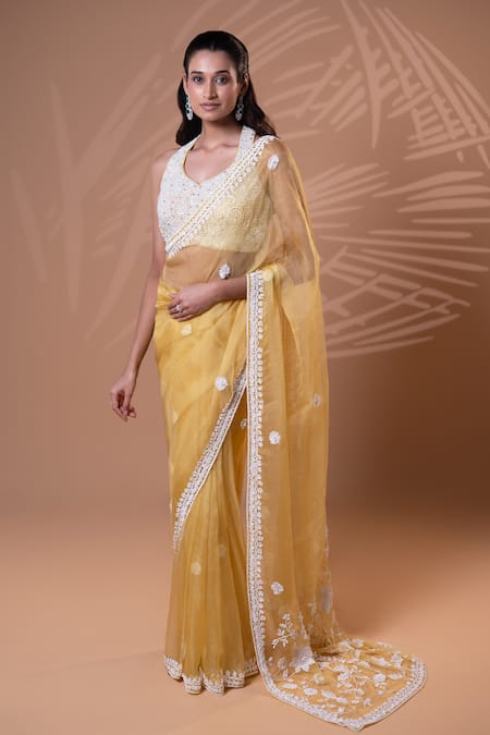 Jiya by Veer Design Studio Yellow Net Embroidered Saree With Blouse 