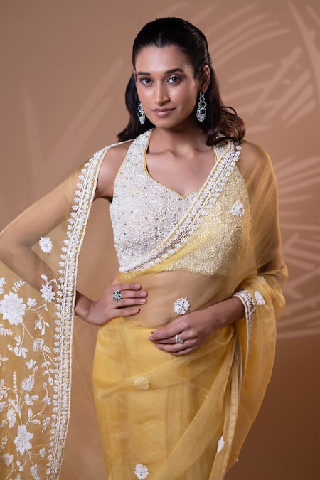 Jiya by Veer Design Studio_Yellow Organza, Net Embroidery, Beads Halter Neck, Saree With Blouse _Online_at_Aza_Fashions