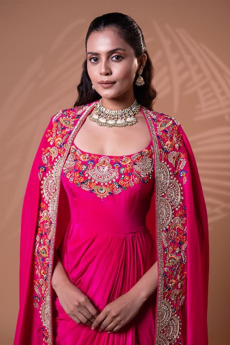 Jiya by Veer Design Studio_Pink Silk Embroidery, Metallic Thread Scoop Neck, Round Rani Gown With Cape _Online_at_Aza_Fashions