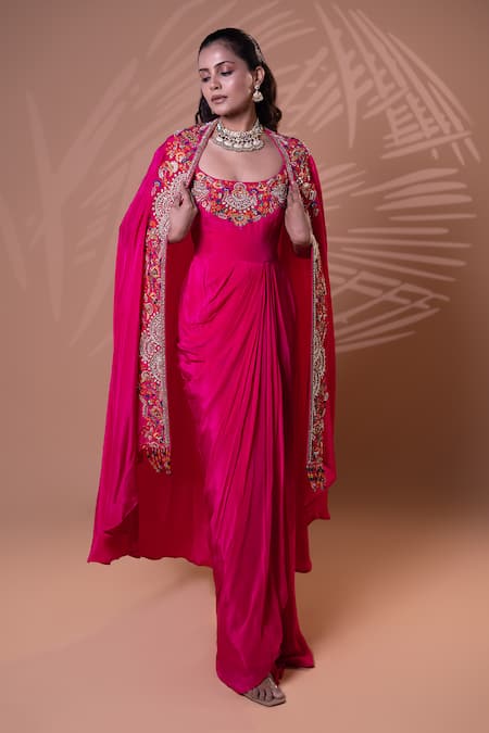 Buy_Jiya by Veer Design Studio_Pink Silk Embroidery, Metallic Thread Scoop Neck, Round Rani Gown With Cape _Online_at_Aza_Fashions