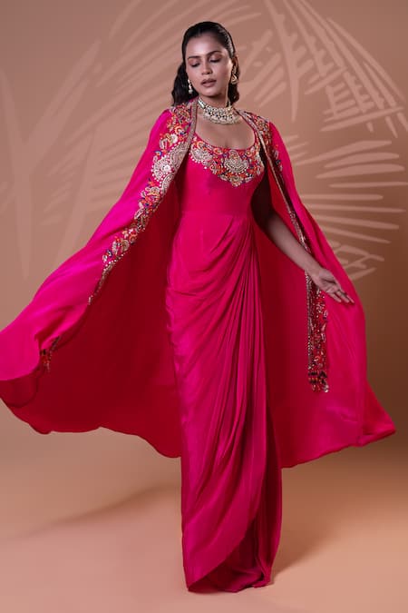 Jiya by Veer Design Studio Rani Pink Embroidered Gown With Cape 