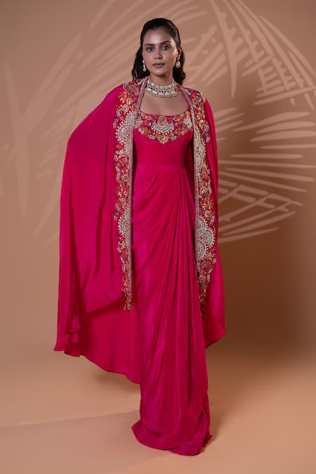 Jiya by Veer Design Studio Rani Pink Embroidered Gown With Cape 