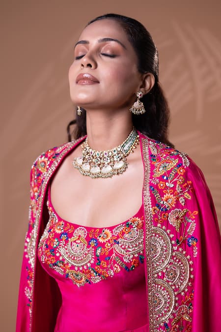 Shop_Jiya by Veer Design Studio_Pink Silk Embroidery, Metallic Thread Scoop Neck, Round Rani Gown With Cape _Online_at_Aza_Fashions