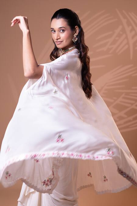 Jiya by Veer Design Studio_Off White Crepe Embroidery Open , Round Cape Skirt Set _Online_at_Aza_Fashions
