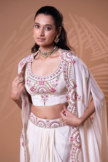 Jiya by Veer Design Studio_Off White Crepe Embroidery Open , Round Cape Skirt Set _at_Aza_Fashions