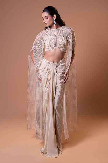 Jiya by Veer Design Studio Embellished Cape Draped Skirt Set 