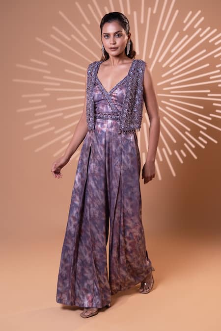 Jiya by Veer Design Studio_Purple Beads, Sequins V-, Open Metallic Wrap Jumpsuit With Jacket _Online_at_Aza_Fashions