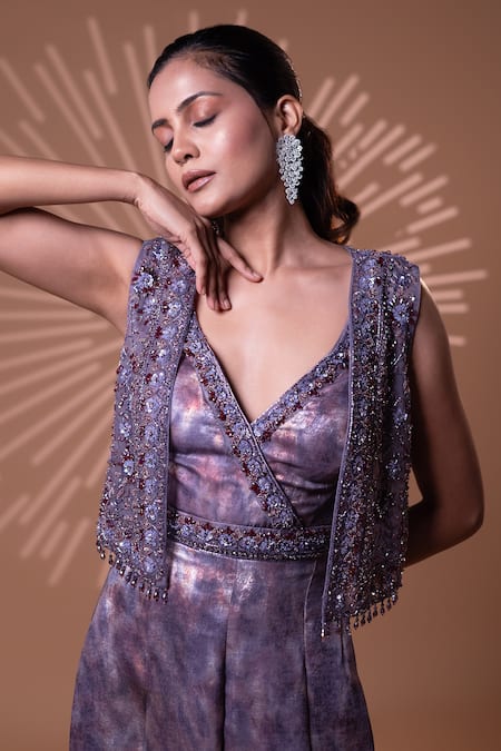 Buy_Jiya by Veer Design Studio_Purple Beads, Sequins V-, Open Metallic Wrap Jumpsuit With Jacket _Online_at_Aza_Fashions