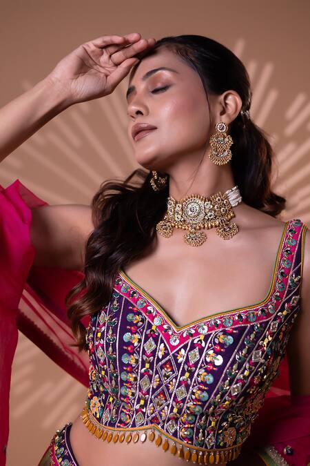 Jiya by Veer Design Studio_Purple Organza Mirrors, Beads, Embroidery, Tassels, Riwaayat Lehenga Set _at_Aza_Fashions