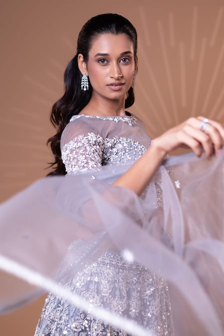 Jiya by Veer Design Studio_Grey Net Beads, Sequins, Embroidery Boat Neck, Off-shoulder Work Lehenga Set _Online_at_Aza_Fashions