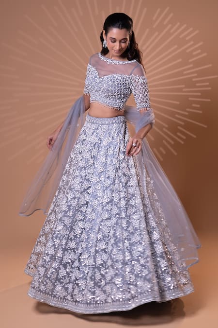 Buy_Jiya by Veer Design Studio_Grey Net Beads, Sequins, Embroidery Boat Neck, Off-shoulder Work Lehenga Set _Online_at_Aza_Fashions