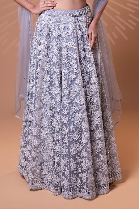 Shop_Jiya by Veer Design Studio_Grey Net Beads, Sequins, Embroidery Boat Neck, Off-shoulder Work Lehenga Set _Online_at_Aza_Fashions