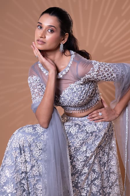 Jiya by Veer Design Studio_Grey Net Beads, Sequins, Embroidery Boat Neck, Off-shoulder Work Lehenga Set _at_Aza_Fashions