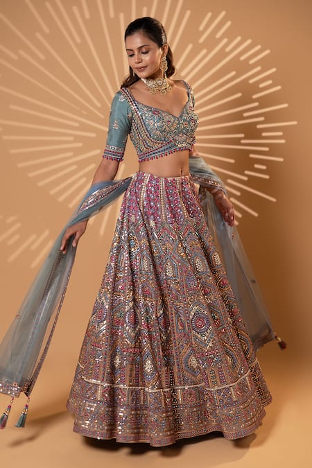 Jiya by Veer Design Studio_Blue Net Embroidery, Sequins, Pom-poms, Mirrors, Vintage Mauve Trail Lehenga Set _Online_at_Aza_Fashions