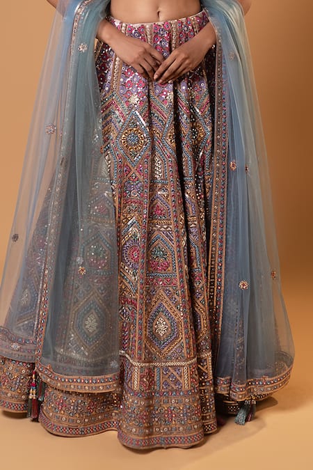 Buy_Jiya by Veer Design Studio_Blue Net Embroidery, Sequins, Pom-poms, Mirrors, Vintage Mauve Trail Lehenga Set _Online_at_Aza_Fashions