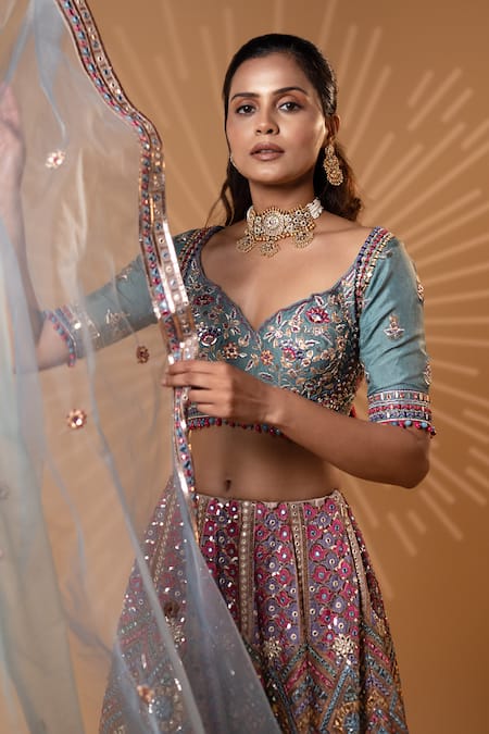 Shop_Jiya by Veer Design Studio_Blue Net Embroidery, Sequins, Pom-poms, Mirrors, Vintage Mauve Trail Lehenga Set _Online_at_Aza_Fashions