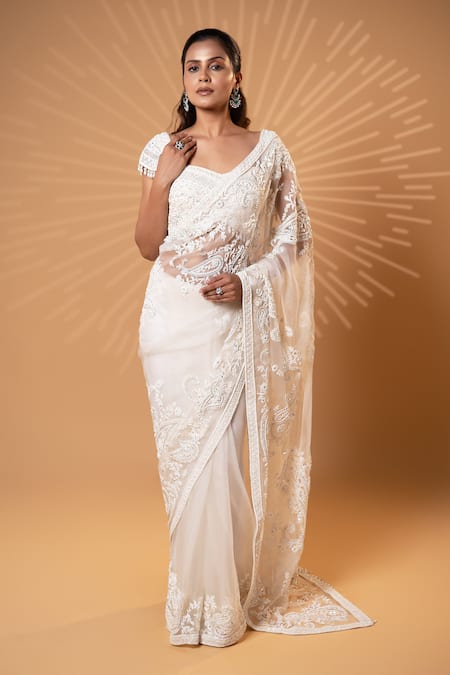 Jiya by Veer Design Studio_Off White Organza Embroidery, Sequins, Metallic Pre-draped Saree With Blouse _Online_at_Aza_Fashions