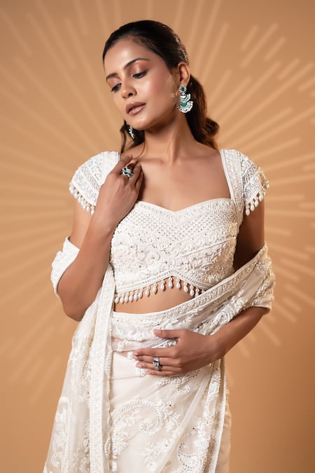 Shop_Jiya by Veer Design Studio_Off White Organza Embroidery, Sequins, Metallic Pre-draped Saree With Blouse _Online_at_Aza_Fashions
