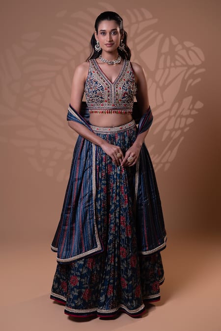 Jiya by Veer Design Studio_Blue Embroidery, Mirrors, Tassels V-neck Midnight Bloom Lehenga Set _Online_at_Aza_Fashions