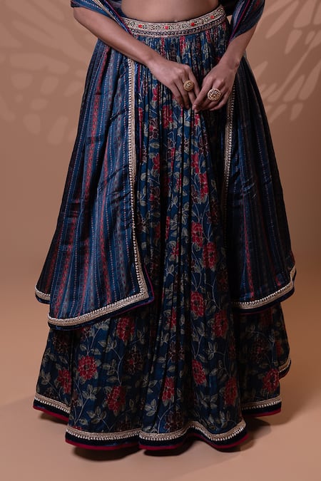 Buy_Jiya by Veer Design Studio_Blue Embroidery, Mirrors, Tassels V-neck Midnight Bloom Lehenga Set _Online_at_Aza_Fashions