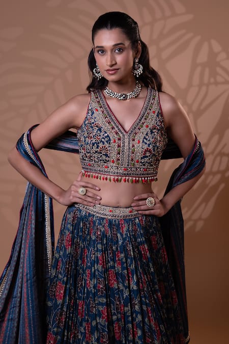 Jiya by Veer Design Studio_Blue Embroidery, Mirrors, Tassels V-neck Midnight Bloom Lehenga Set _at_Aza_Fashions