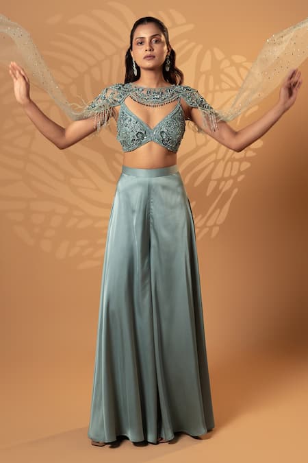 Jiya by Veer Design Studio Dusty Mint Dream Cape Lehenga Set 