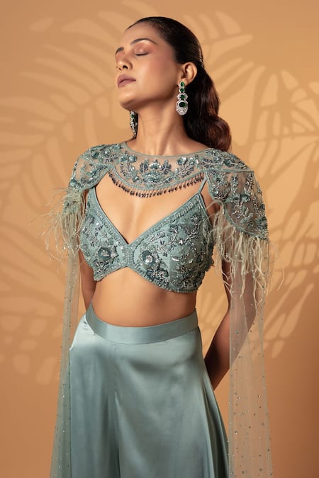 Jiya by Veer Design Studio_Aqua Satin Sequins, Beads, Feathers Round Dusty Mint Dream Cape Lehenga Set _Online_at_Aza_Fashions
