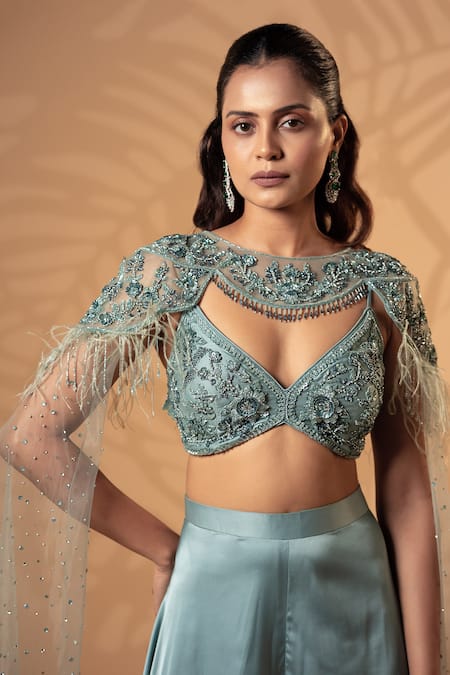 Buy_Jiya by Veer Design Studio_Aqua Satin Sequins, Beads, Feathers Round Dusty Mint Dream Cape Lehenga Set _Online_at_Aza_Fashions