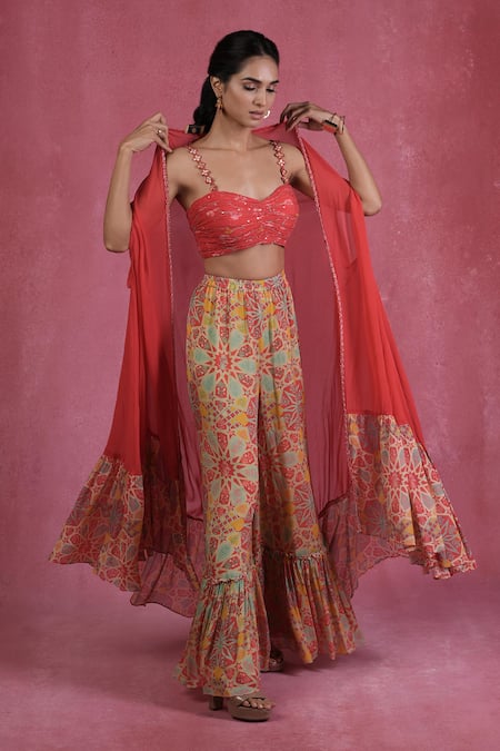 Sandhya Shah Placement Print Cape & Sharara Set 