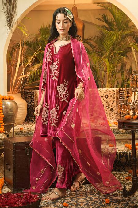 Shop_Surabhi Arya_Pink Velvet, Organza Embroidery Notched Neck Floral Kurta Set _Online_at_Aza_Fashions