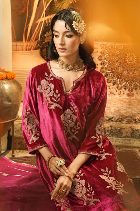 Shop_Surabhi Arya_Pink Velvet, Organza Embroidery Notched Neck Floral Kurta Set 