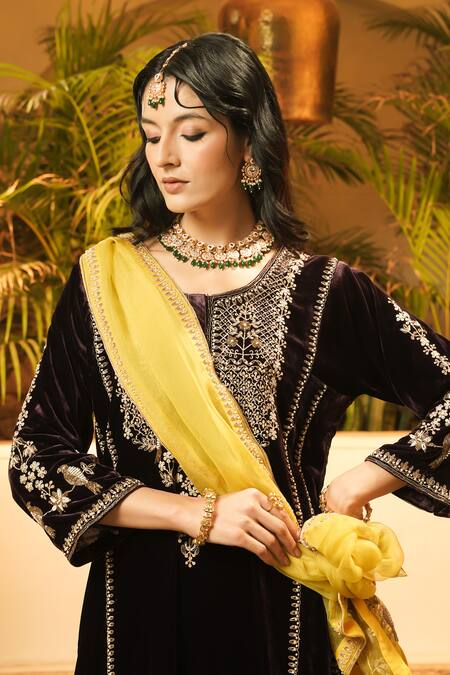 Shop_Surabhi Arya_Purple Velvet, Organza Embroidery, Metallic Thread Round Neck Kurta Set _Online_at_Aza_Fashions
