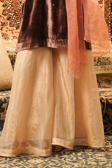 Surabhi Arya_Brown Velvet, Tissue, Organza Embroidery Split V-neck Kurta Sharara Set _Online_at_Aza_Fashions