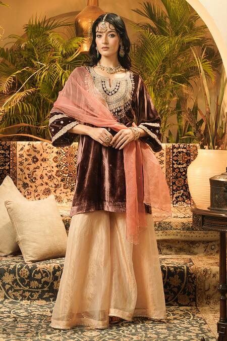 Shop_Surabhi Arya_Brown Velvet, Tissue, Organza Embroidery Split V-neck Kurta Sharara Set _Online_at_Aza_Fashions