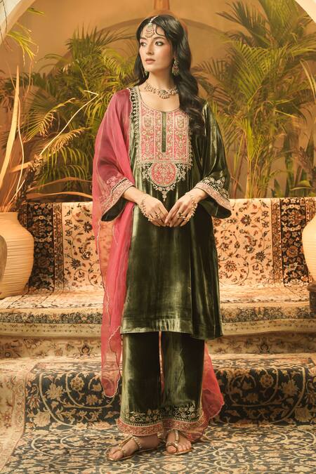 Buy_Surabhi Arya_Olive Green Velvet, Organza Embroidery, Zari Round Neck And Thread Kurta Set 