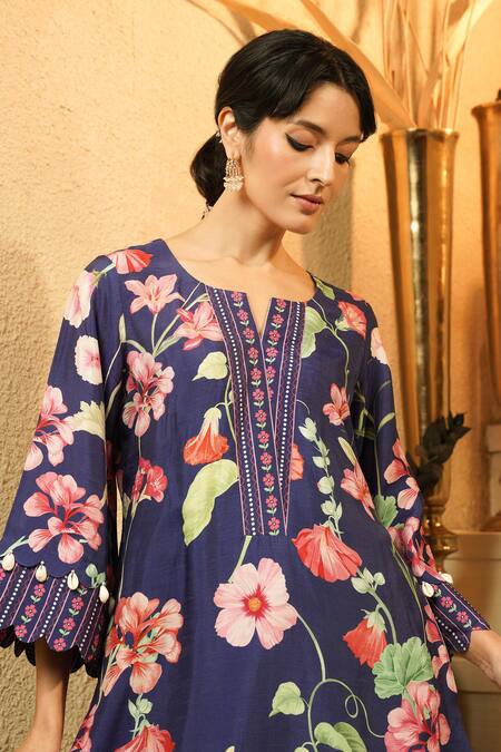 Buy_Surabhi Arya_Navy Crepe Embroidery, Tassels Botanical Floral Print Kurta And Stripe Pant Set _Online_at_Aza_Fashions