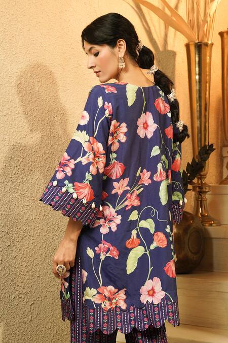 Surabhi Arya_Navy Crepe Embroidery, Tassels Botanical Floral Print Kurta And Stripe Pant Set _at_Aza_Fashions