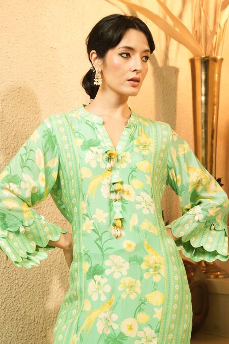Buy_Surabhi Arya_Green Crepe Tassels Notched Neck Floral Print Kurta And Striped Trouser Set _Online_at_Aza_Fashions
