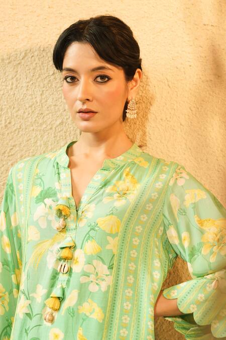 Shop_Surabhi Arya_Green Crepe Tassels Notched Neck Floral Print Kurta And Striped Trouser Set _Online_at_Aza_Fashions