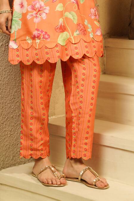 Surabhi Arya_Orange Crepe Notched Neck Floral Printed Kurta And Striped Pant Set _Online_at_Aza_Fashions