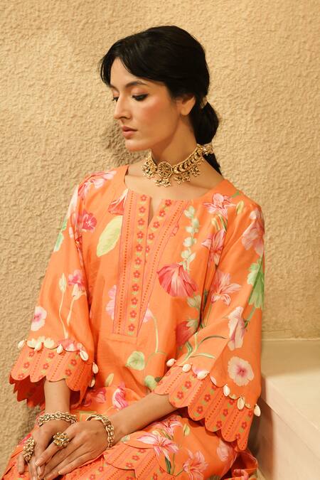 Buy_Surabhi Arya_Orange Crepe Notched Neck Floral Printed Kurta And Striped Pant Set _Online_at_Aza_Fashions