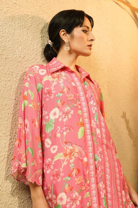 Shop_Surabhi Arya_Pink Muslin Collared, Button-down Pintuck Floral And Striped Printed Kurta Set _Online_at_Aza_Fashions