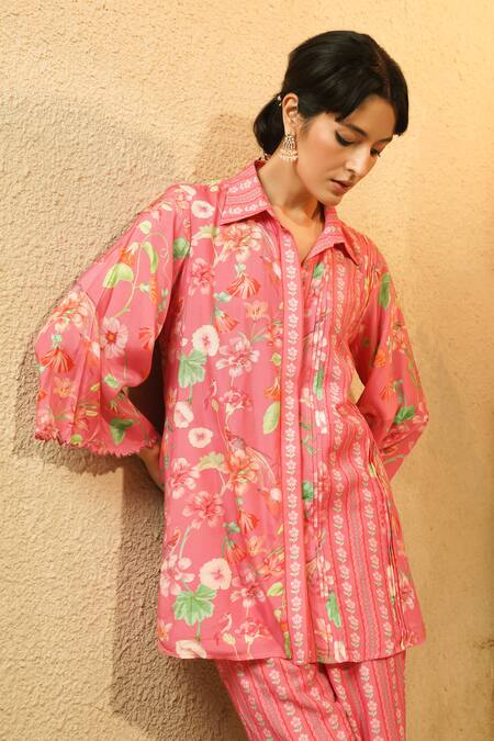 Buy_Surabhi Arya_Pink Muslin Collared, Button-down Pintuck Floral And Striped Printed Kurta Set 