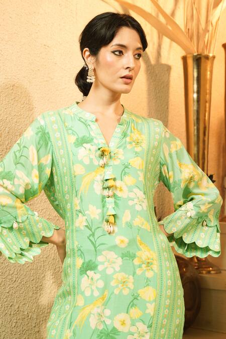 Shop_Surabhi Arya_Mint Crepe Tassels Split V-neck, Floral And Striped Printed Scalloped Kurta Set _Online_at_Aza_Fashions