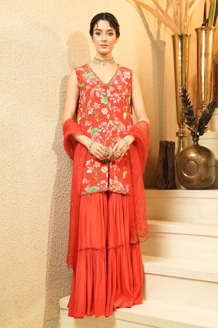 Surabhi Arya Floral Embroidered Jacket Style Kurta Sharara Set 