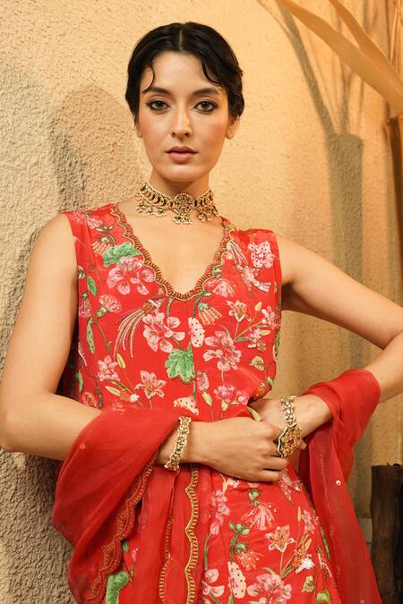 Buy_Surabhi Arya_Red Crepe Embroidery V-neck Floral Jacket Style Kurta Sharara Set 