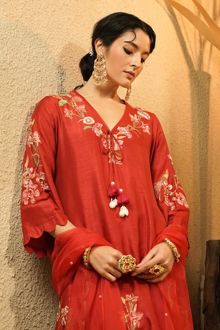 Shop_Surabhi Arya_Maroon Bemberg, Silk, Organza Embroidery, Tassels, Sequins Floral Kurta Set _Online_at_Aza_Fashions