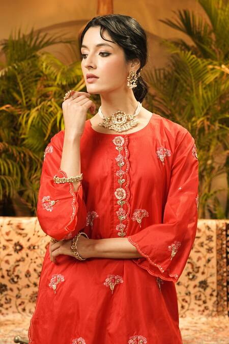 Shop_Surabhi Arya_Red Silk Embroidery, Applique Round Neck Hand-embroidered Kurta And Pant Set _Online_at_Aza_Fashions