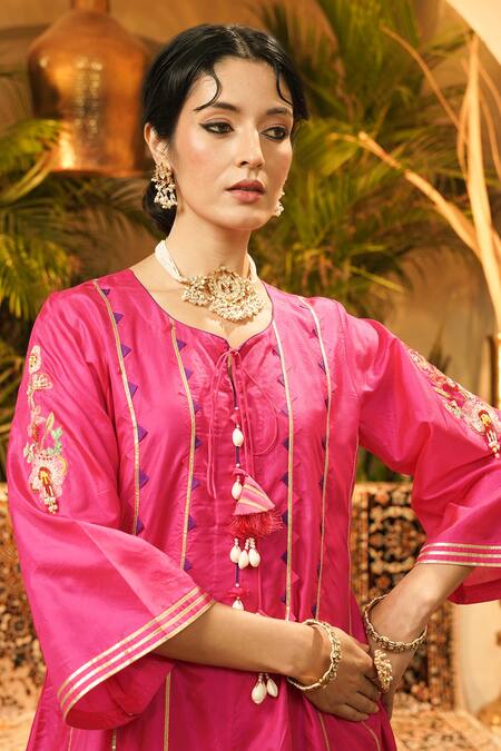 Surabhi Arya_Fuchsia Silk Applique, Embroidery, Tassels Round Neck, And Hand A-line Kurta Set _Online_at_Aza_Fashions