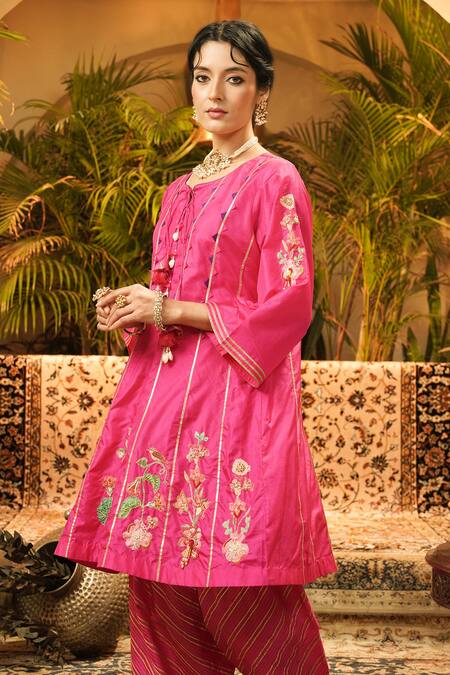 Shop_Surabhi Arya_Fuchsia Silk Applique, Embroidery, Tassels Round Neck, And Hand A-line Kurta Set _Online_at_Aza_Fashions